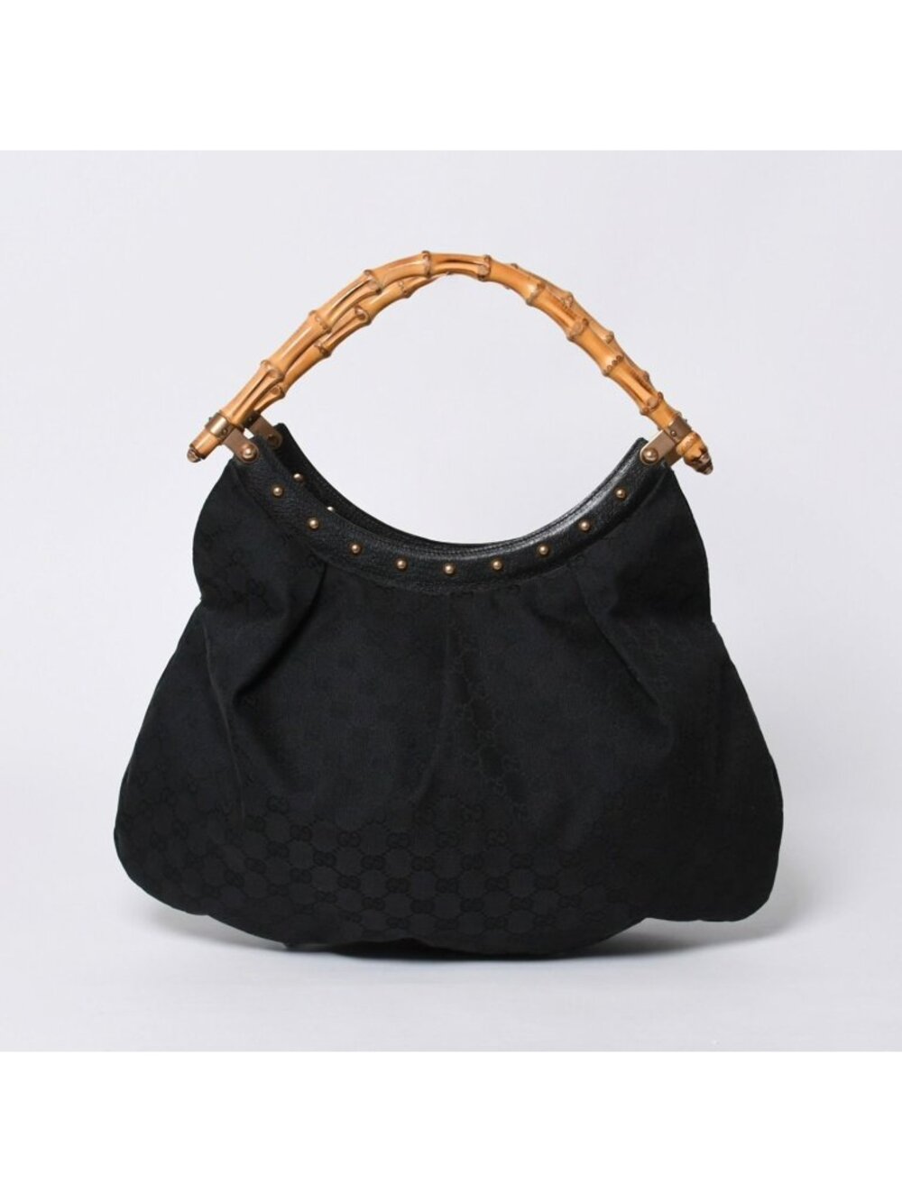Gucci Bamboo Hand Bag Leather GG Canvas Black Brown